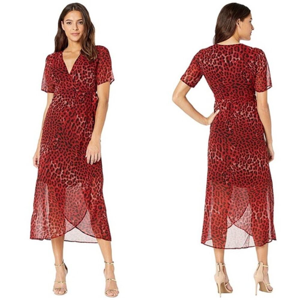 Bardot | NWT Red Leopard Print Chiffon Midi Wrap Dress